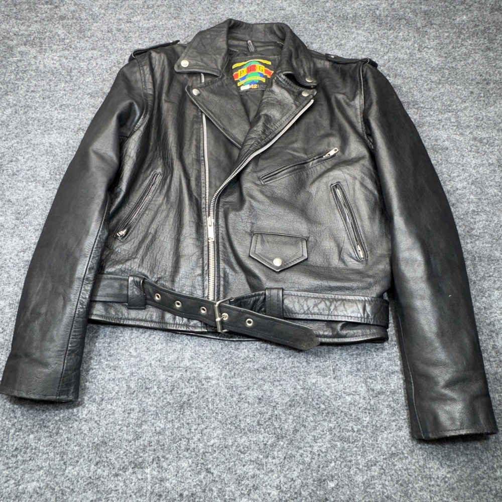 Vintage PLG Biker Leather Jacket Mens 42 Large Black Belted Motorcycle Asym Moto